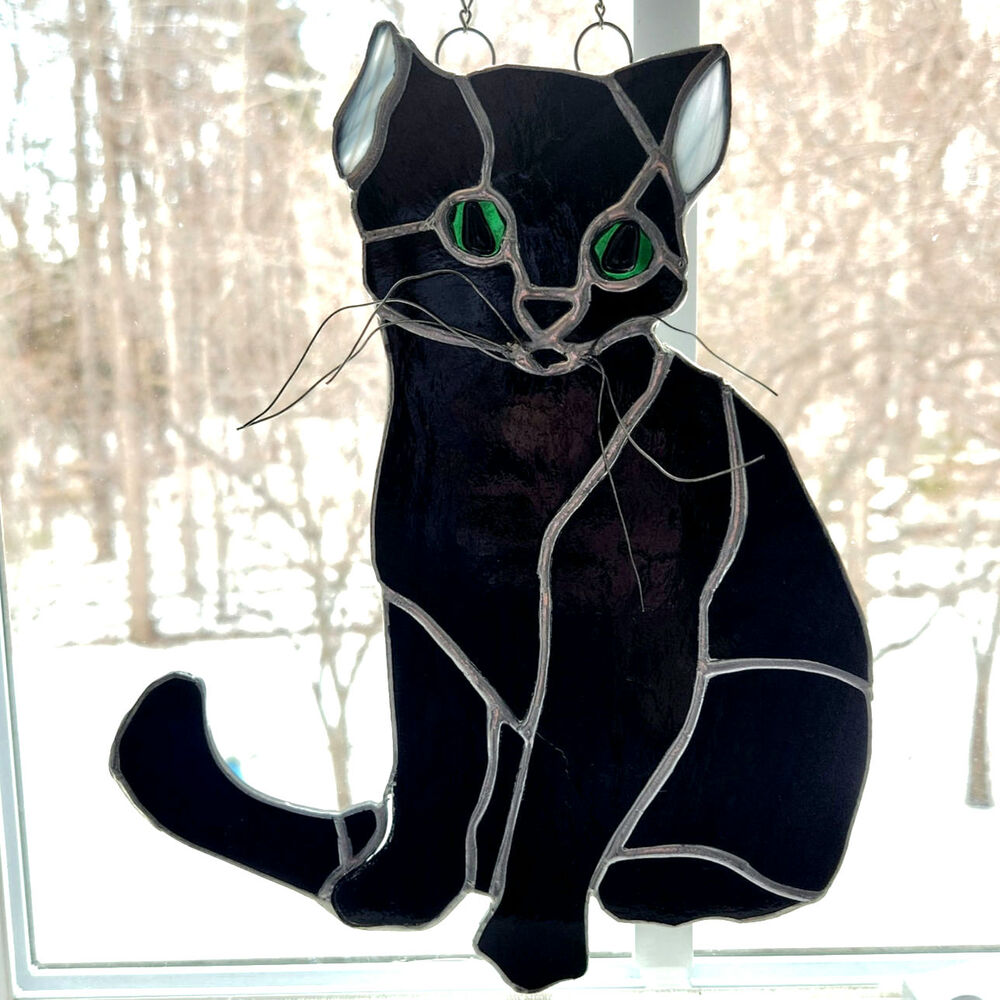 🐾 Vintage Burmese Black Cat Stained Glass Suncatcher – Green Eyes Artisan 1970s - Picture 3 of 10